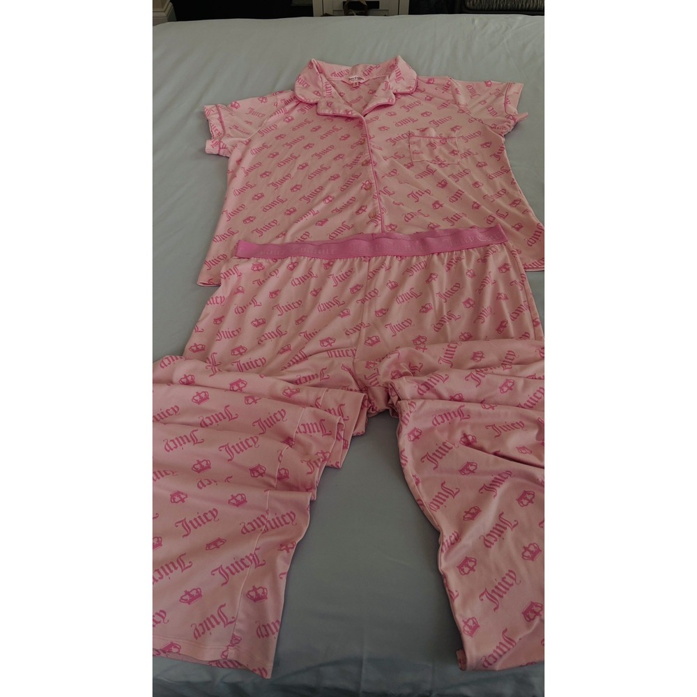 Women's Juicy Couture XL Lounge Set Pink Logo Pajamas Y2K 2pc Short sleeve